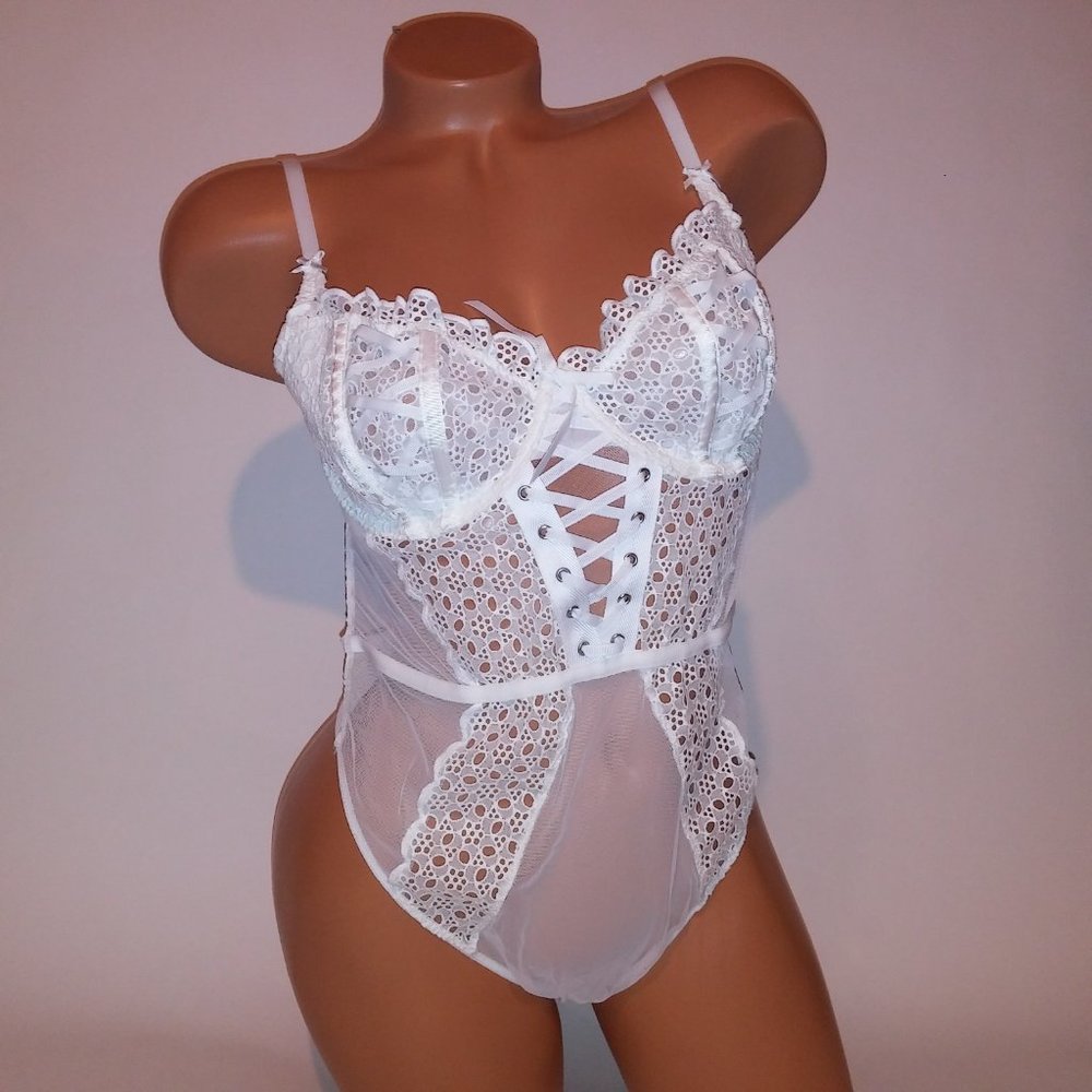 Victoria Secret Lingerie Teddy One Piece Bodysuit White Eyelet Sheer Thong‎ Back - Picture 2 of 16